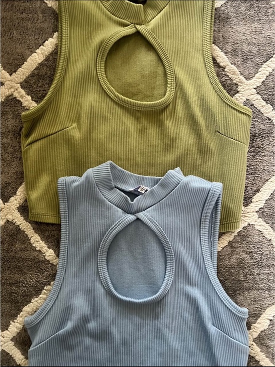 Tops - Ribbed Cutout Tank Top - Green and Light Blue